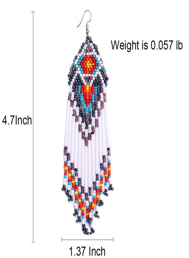 Coeufuedy White Beaded Earrings for Women Seed Bead Earrings Bohemian Statement Drop Fringe Earring for Girls(White) - Image 4